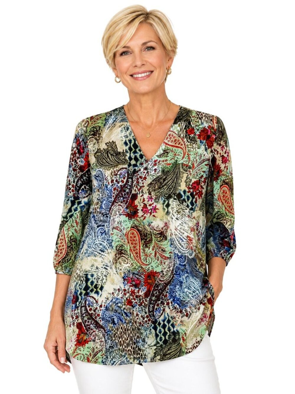 APNY Multicolor Silk Satin V-Neck Tunic